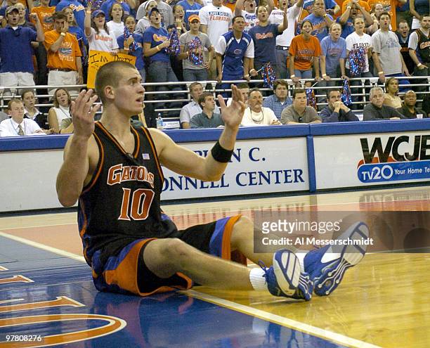 Florida guard Christian Drejer protests a foul call January 3, 2004 at the Stephen C. O'Connell Center, Gainesville, Florida. FSU was defeated by the...