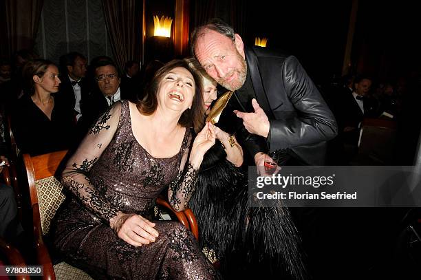 Host Uschi von Daemmrich-Luttitz, designer Susanne Wiebe and actor Michael Mendl attend the Russian Fashion Gala at the Embassy of the Russian...