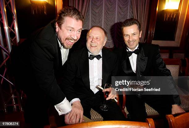 Actor Armin Rohde and director Joseph Vilsmaier and actor Timothy Peach attend the Russian Fashion Gala at the Embassy of the Russian Federation on...