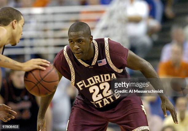 Florida State University guardTim Pickett, who scored 25 points, sets on defense January 3, 2004 at the Stephen C. O'Connell Center, Gainesville,...