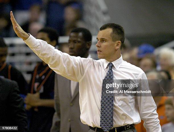 Florida men's basketball coach Billy Donovan calls a play January 3, 2004 at the Stephen C. O'Connell Center, Gainesville, Florida. FSU was defeated...