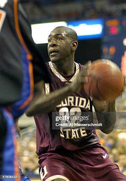 Florida State University guardTim Pickett, who scored 25 points, drives to the basket January 3, 2004 at the Stephen C. O'Connell Center,...