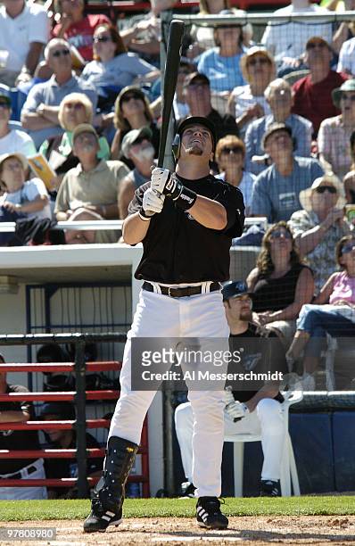 Toronto Blue Jays third baseman Eric Hinske fouls off a pitch March 8, 2004 in a spring training game against the Pittsburgh Pirates in Dunedin,...