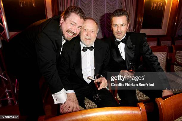 Actor Armin Rohde and director Joseph Vilsmaier and actor Timothy Peach attend the Russian Fashion Gala at the Embassy of the Russian Federation on...