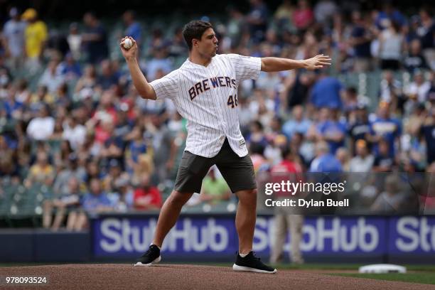 Blake Martinez of the Green Bay Packers throws out a ceremonial first pitch before the game between the Milwaukee Brewers and Philadelphia Phillies...