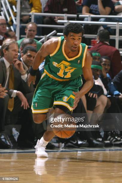 Ronnie Price of the Utah Jazz drives the ball down the court against the Minnesota Timberwolves at EnergySolutions Arena on March 17, 2010 in Salt...