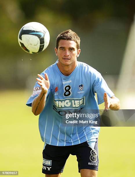 Stuart Musalik competes in a warm up game during a Sydney FC A-League training session at Macquarie Field on March 18, 2010 in Sydney, Australia.