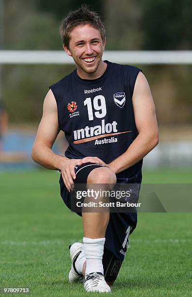 Evan Berger of the Victory stretches during the Melbourne Victory A-League training session at Olympic Park on March 18, 2010 in Melbourne, Australia.