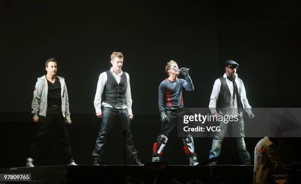 Howie Dorough, Nickolas Gene Carter, Brian Littrell and Alexander James McLean of Backstreet Boys perform in concert at Wukesong Indoor Stadium on...