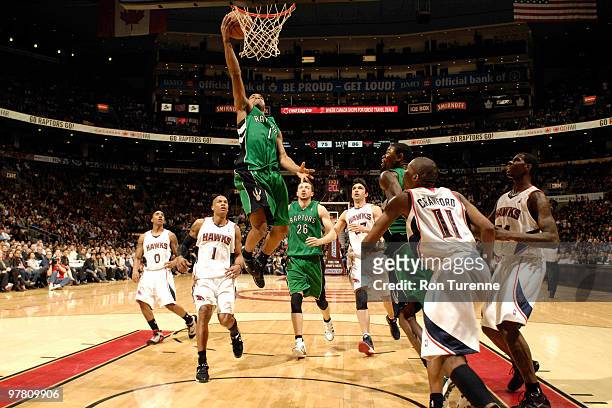 Jarrett Jack of the Toronto Raptors finds room under the net for the uncontested layup during a game against the Atlanta Hawks on March 17, 2010 at...