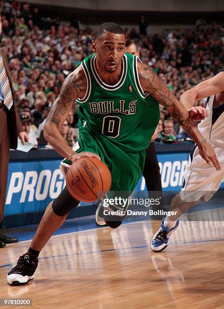 Acie Law of the Chicago Bulls drives against the Dallas Mavericks during a game at the American Airlines Center on March 17, 2010 in Dallas, Texas....