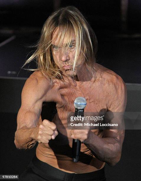 Iggy Pop of Iggy & the Stooges performs onstage at the 25th Annual Rock And Roll Hall of Fame Induction Ceremony at the Waldorf=Astoria on March 15,...