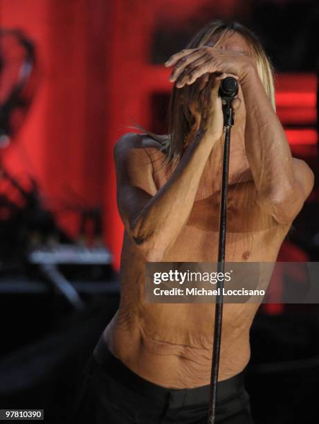 Iggy Pop of Iggy & the Stooges performs onstage at the 25th Annual Rock And Roll Hall of Fame Induction Ceremony at the Waldorf=Astoria on March 15,...