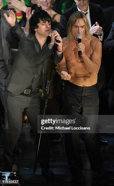 Iggy & The Stooges and Billie Joe Armstrong perform onstage at the 25th Annual Rock And Roll Hall of Fame Induction Ceremony at the Waldorf=Astoria...