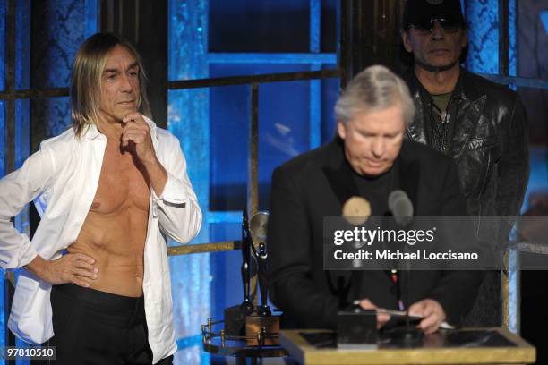 Inductees Iggy Pop and James Williamson of The Stooges speak onstage at the 25th Annual Rock And Roll Hall of Fame Induction Ceremony at the...