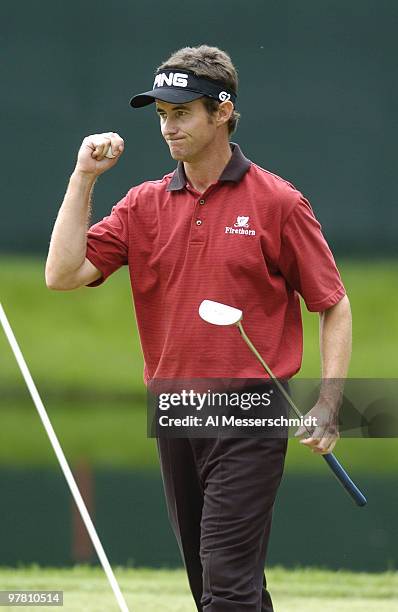 Mark Hensby pumps his fist after sinking a crucial putt during final round play July 11, 2004 at the PGA Tour John Deere Classic.