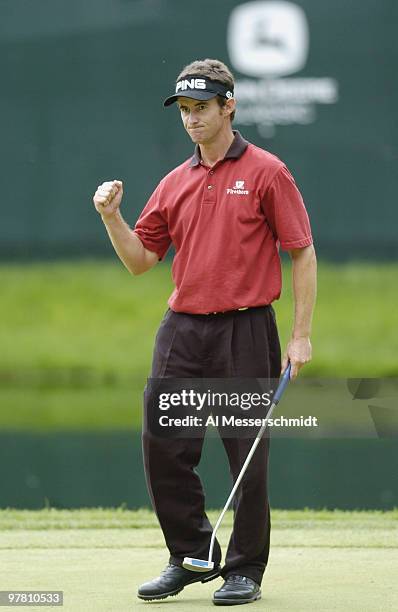 Mark Hensby pumps his fist after sinking a crucial putt during final round play July 11, 2004 at the PGA Tour John Deere Classic.