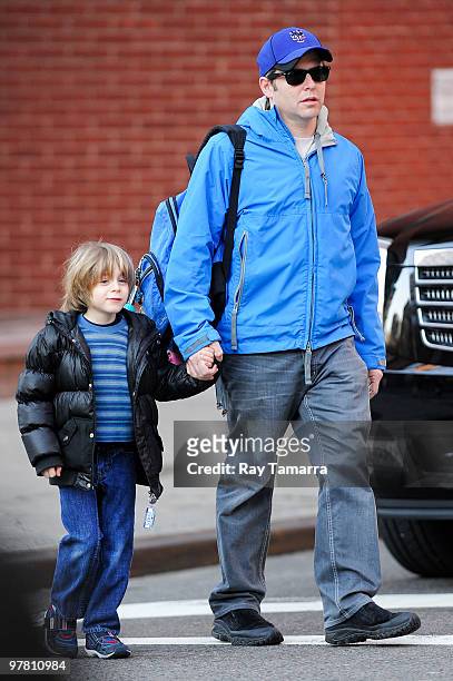 Actor Matthew Broderick walks his son James Wilkie Broderick to school in the West Village on March 17, 2010 in New York City.