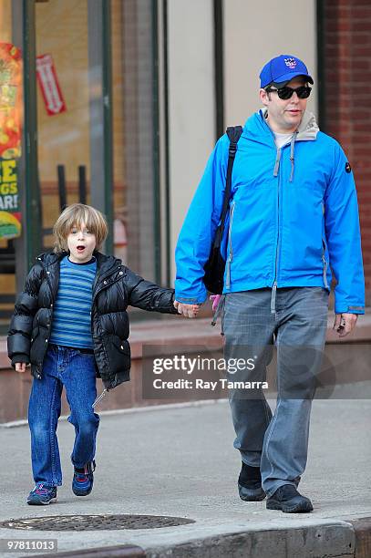 Actor Matthew Broderick walks his son James Wilkie Broderick to school in the West Village on March 17, 2010 in New York City.