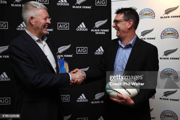 Steve Tew and Goodman Fielder Managing Director Tim Deane pose following the New Zealand Black Ferns announcement of Molenberg as the sponsor of the...