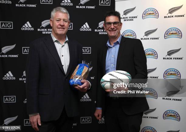 Steve Tew and Goodman Fielder Managing Director Tim Deane pose following the New Zealand Black Ferns announcement of Molenberg as the sponsor of the...