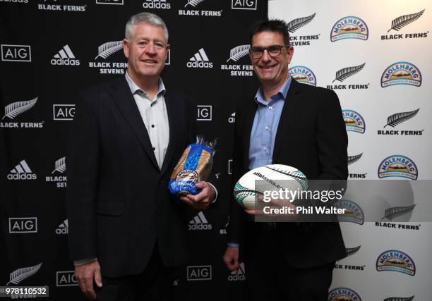 Steve Tew and Goodman Fielder Managing Director Tim Deane pose following the New Zealand Black Ferns announcement of Molenberg as the sponsor of the...