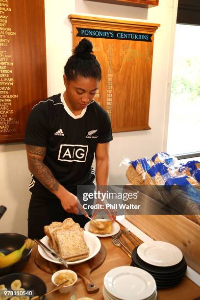 Renee Wickliffe of the Black Ferns makes breakfast during the New Zealand Black Ferns announcement of Molenberg as the sponsor of the Black Ferns and...