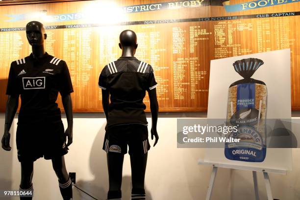 Black Fern jersets on display following the New Zealand Black Ferns announcement of Molenberg as the sponsor of the Black Ferns and Black Ferns...