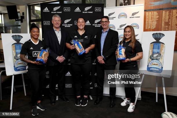 Black Fern Renee Wickliffe, NZR CEO Steve Tew, Black Fern Aleisha Nelson, Goodman Fielder Managing Director Tim Deane and Black Fern FiaoÕo...