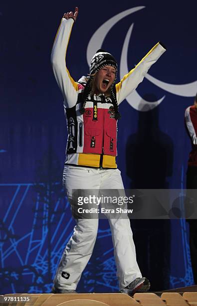 SIlver medalist Andrea Rothfuss of Germany celebrates during the medal ceremony for the Women's Standing Giant Slalom on Day 6 of the 2010 Vancouver...