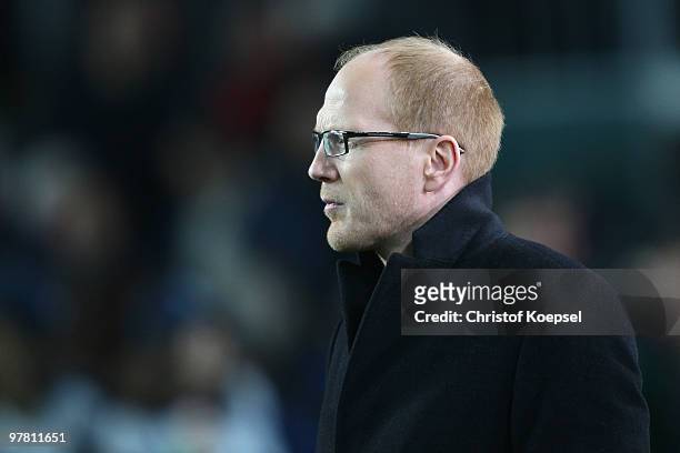Matthias Sammer is seen before the UEFA Champions League round of sixteen second leg match between FC Barcelona and VfB Stuttgart at the Camp Nou...