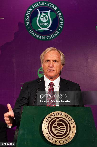 Greg Norman, Tournament Ambassador attends the press conference for launching of the Mission Hills Star Trophy which will be played from October...