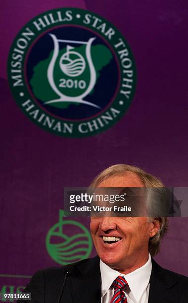 Greg Norman, Tournament Ambassador smiles during the press conference for launching of the Mission Hills Star Trophy which will be played from...