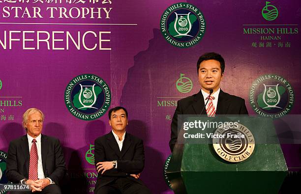 Tenniel Chu, Executive Director of Mission Hills Golf Club speach next to Greg Norman, Tournament Ambassador and Zhang Lian-wei, invited Pro for the...