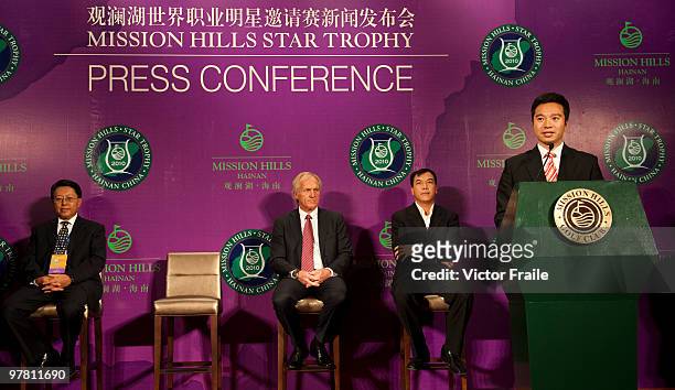 Tenniel Chu, Executive Director of Mission Hills Golf Club speach next to Fan Xiao-jun, Vice Chairman of China Golf Association and Director of...