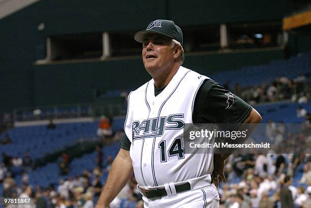 Tampa Bay Devil Rays manager Lou Piniella takes the field before the season opener April 4, 2005 against the Toronto Blue Jays.