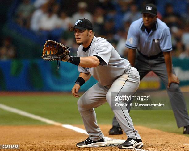 Toronto Blue Jays first baseman Eric Hinske covers first base in the season opener April 4, 2005 against the Tampa Bay Devil Rays. The Blue Jays won...