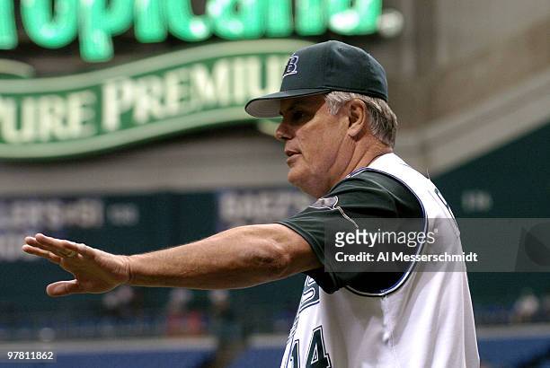 Tampa Bay Devil Rays manager Lou Piniella takes the field before the season opener April 4, 2005 against the Toronto Blue Jays.