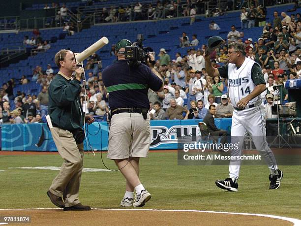 Tampa Bay Devil Rays manager Lou Piniella takes the field before the season opener April 4, 2005 against the Toronto Blue Jays.