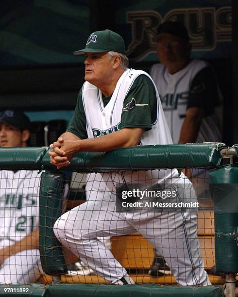 Tampa Bay Devil Rays manager Lou Piniella watches play in the season opener April 4, 2005 against the Toronto Blue Jays.