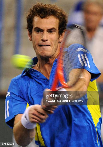 Andy Murray of Great Britain returns a shot to Nicolas Almagro of Spain during the BNP Paribas Open on March 17, 2010 at the Indian Wells Tennis...