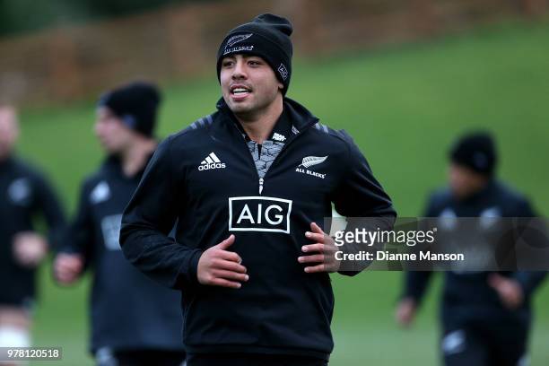 Anton Lienert-Brown of the All Blacks looks on during a New Zealand All Blacks training session on June 19, 2018 in Dunedin, New Zealand.