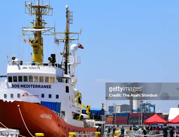 Aquarius, which carried migrants rescued a week ago and refused by Italian government, is seen at the port of Valencia on June 17, 2018 in Valencia,...