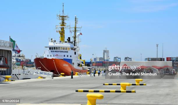 Aquarius, which carried migrants rescued a week ago and refused by Italian government, is seen at the port of Valencia on June 17, 2018 in Valencia,...