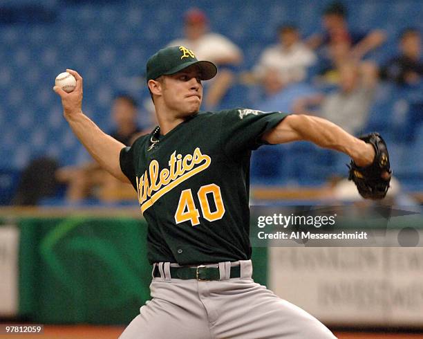 Oakland Athletics Rich Harden pitches against the Tampa Bay Devil Rays April 10, 2005 at Tropicana Field.