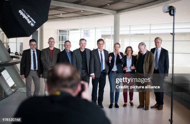 April 2018, Germany, Berlin: The AfD parliamentary group leadership in the German Bundestag, Juergen Braun, parliamentary manager ; Hansjoerg...