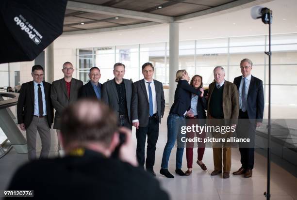 April 2018, Germany, Berlin: The AfD parliamentary group leadership in the German Bundestag, Juergen Braun, parliamentary manager ; Hansjörg Mueller,...