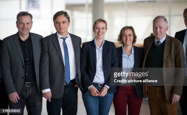 April 2018, Germany, Berlin: Alice Weidel , AfD Bundestag group leader, and Alexander Gauland , AfD Bundestag group leader, pose for a photograph...