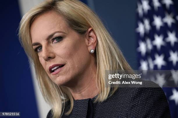 Secretary of Homeland Security Kirstjen Nielsen speaks on migrant children being separated from parents at the southern border during a White House...