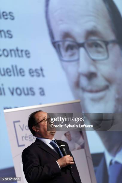 Former French President Francois Hollande delivers a speech during a lunch organized by the 'Flandres Business Club' on June 18, 2018 in Lille,...